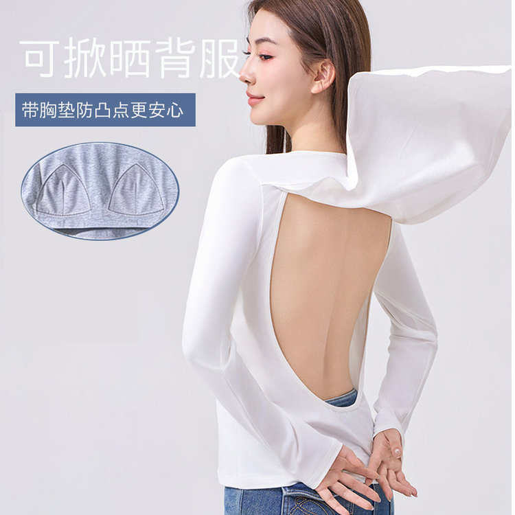 女春夏可掀晒背服胸垫大露背防晒脖遮挡头天灸服纯棉透气长袖上衣