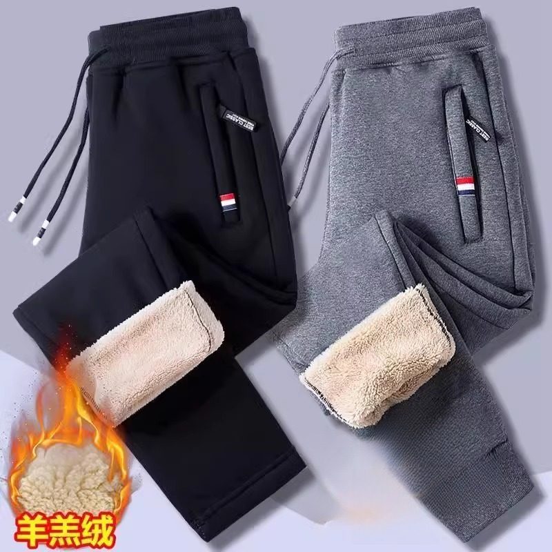 2024新款加绒加厚休闲裤男羊羔绒裤子宽松运动裤秋冬季拉链保暖裤