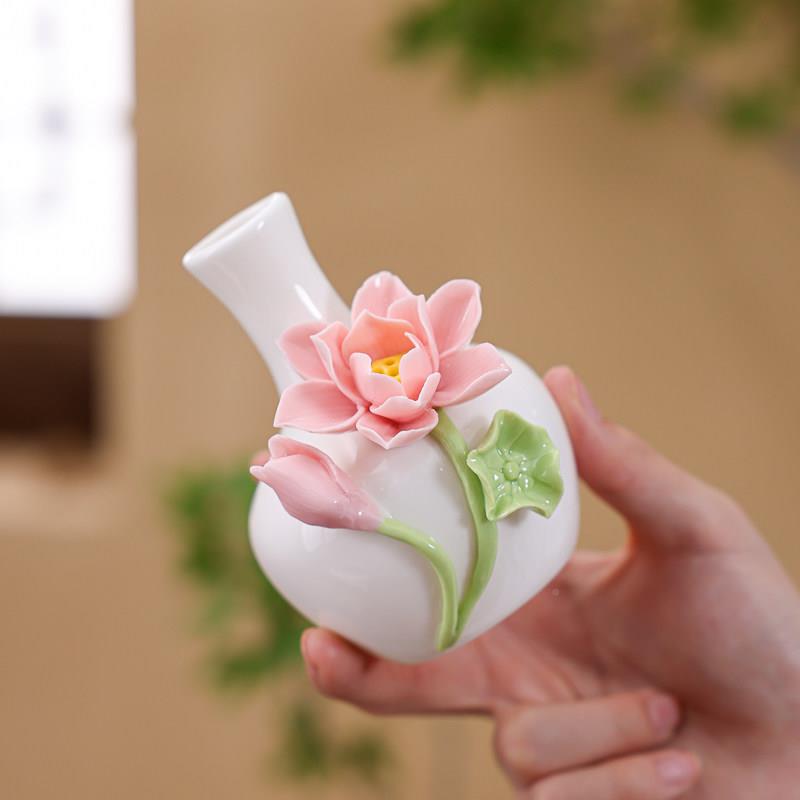 手工捏陶花荷花搭配瓷瓶小清新文艺摆件家用花客厅插花家NFF居插