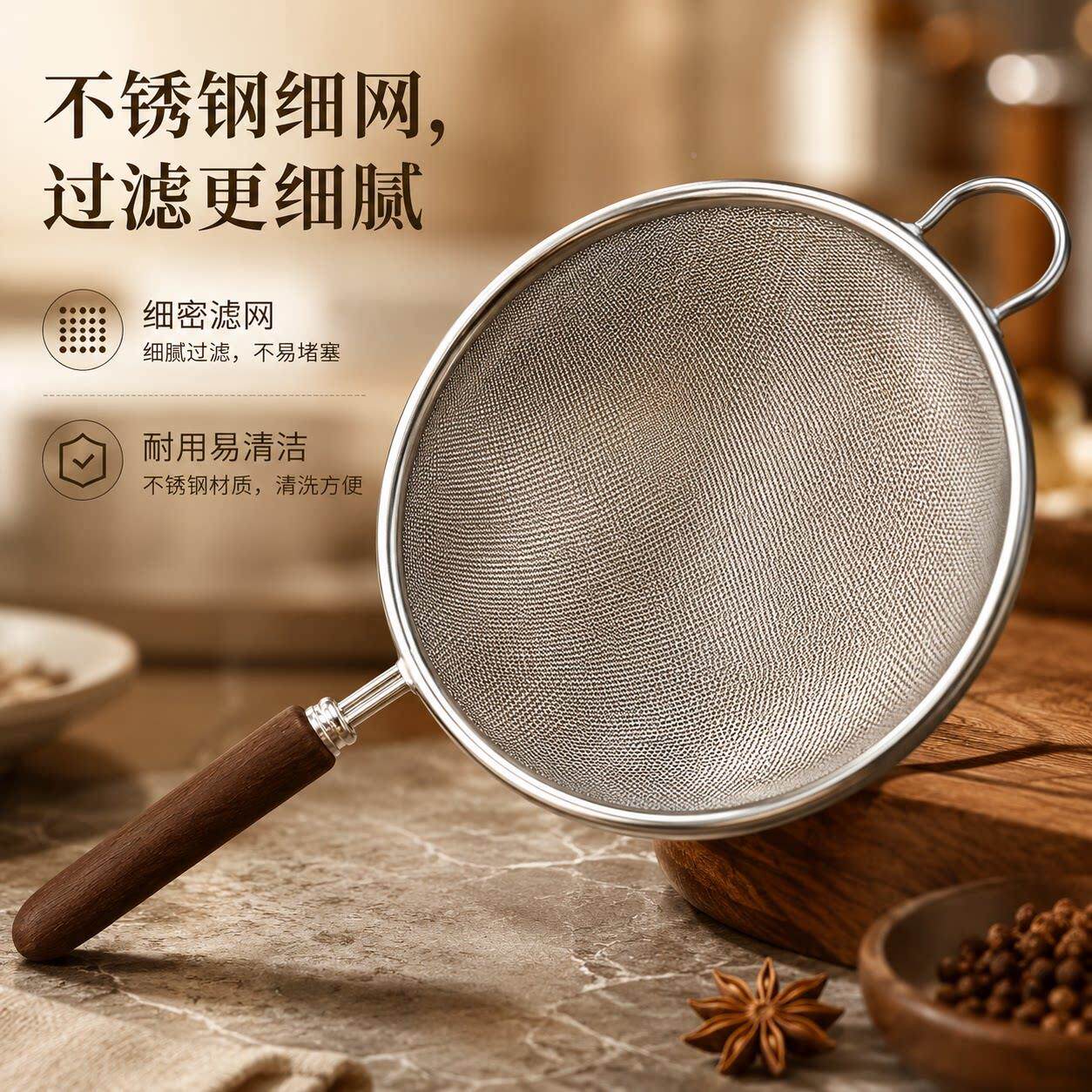 30防4钢胡桃木长柄勺多功能果汁过滤豆浆网漏烫辅543漏漏食勺