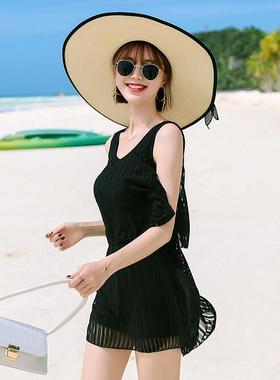 肤YFJFKJ20黑色游泳衣女仙范保守225新款显瘦0女遮肉小胸聚宜拢泡