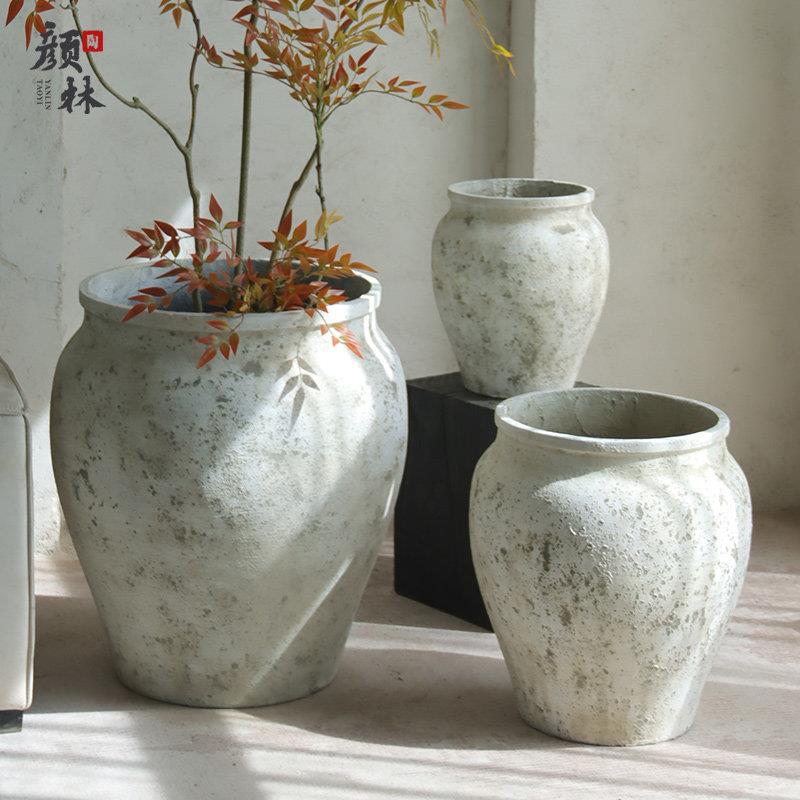 覆古做旧水泥罐盆大口径款花器客厅橱样窗品屋展示中心商场装饰绿