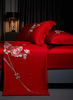 端中全棉新婚庆四件高套大红色长绒VLZ龙凤棉刺绣结婚高档式床上