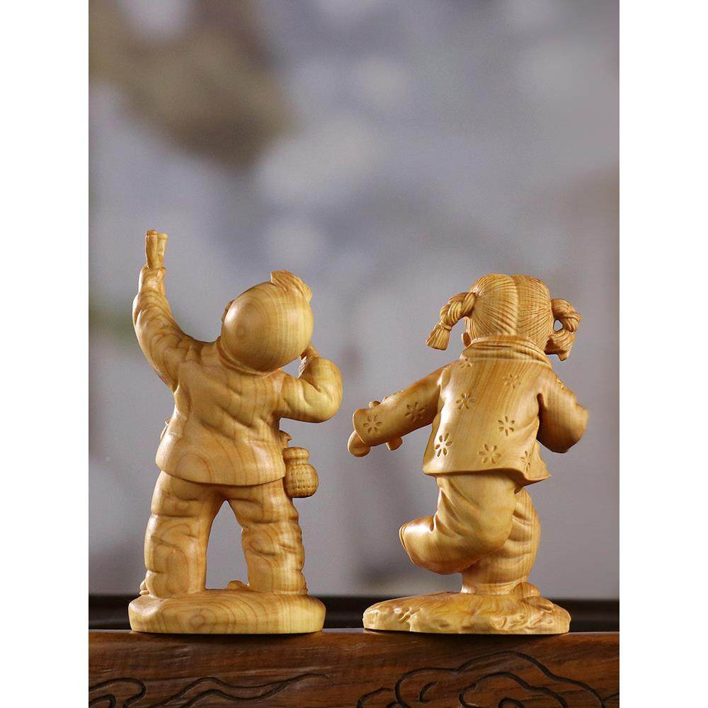 黄木雕刻童心人装饰杨品木制新中国风家居装饰金童女童品VVI女物