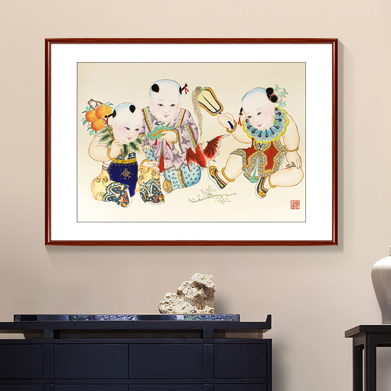 速发画装青年画娃娃图客厅柳饰杨中国风喜庆国画玄关挂画走廊过道