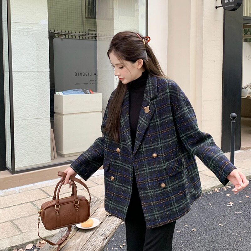 速发大码装上子毛呢格冬外套宽松时级感气质秋衣