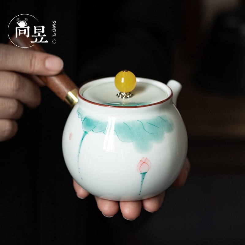 速发景德镇陶瓷花梨木把手侧把泡茶壶家用带过滤功夫茶手绘莲花壶