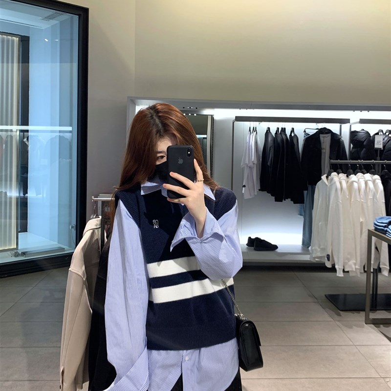 速发秋冬套套设计感小众复个撞色针织马甲背心条纹两件装小古子