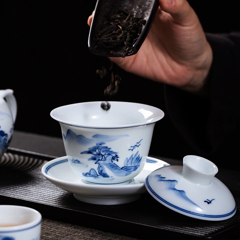 速发景德镇手绘功夫茶具套装青花瓷整套家用办公室用盖碗陶瓷茶壶