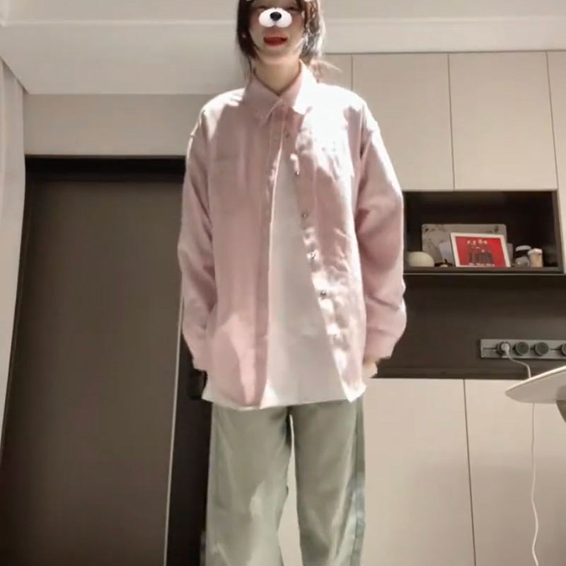 速发美式高级感韩系粉色条纹春秋款设计感小众长袖上衣衬衣外套