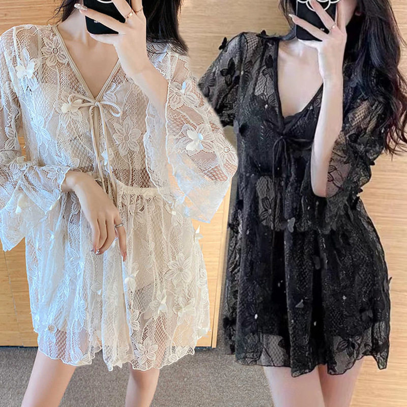 速发时长新款套袖防晒蕾丝罩衫三件尚纯色大码性感温泉泳装