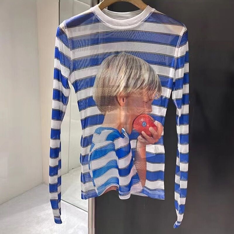 速发202春季小众条孩个性印花男纹上袖T恤长衣网纱打底衫