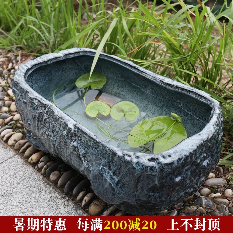 速发景德镇陶瓷缸乌龟鱼睡莲荷方池盆缸仿石长花形户外客厅养缸盆
