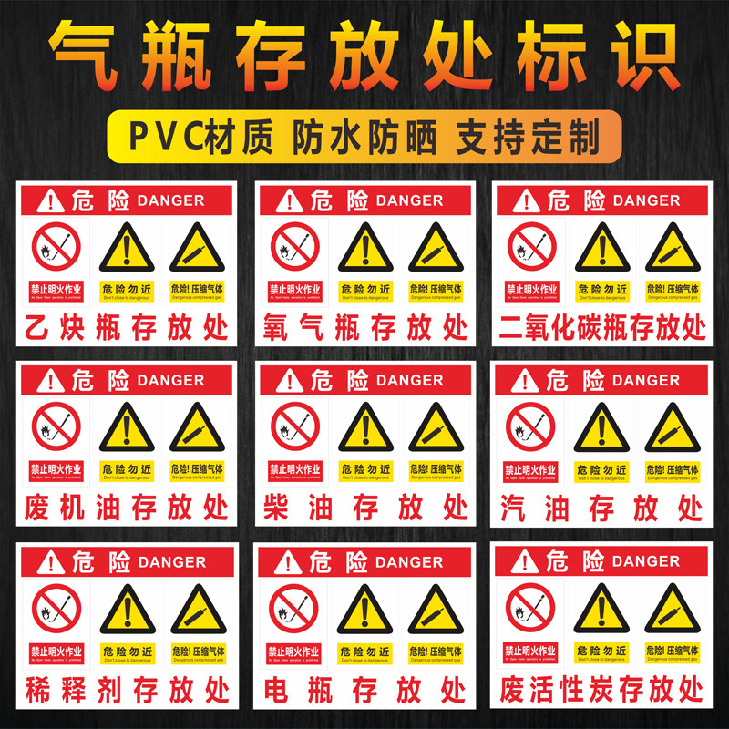 速发氧气瓶存放处标识牌 乙炔二氧化志废柴油危险安全警示标碳牌