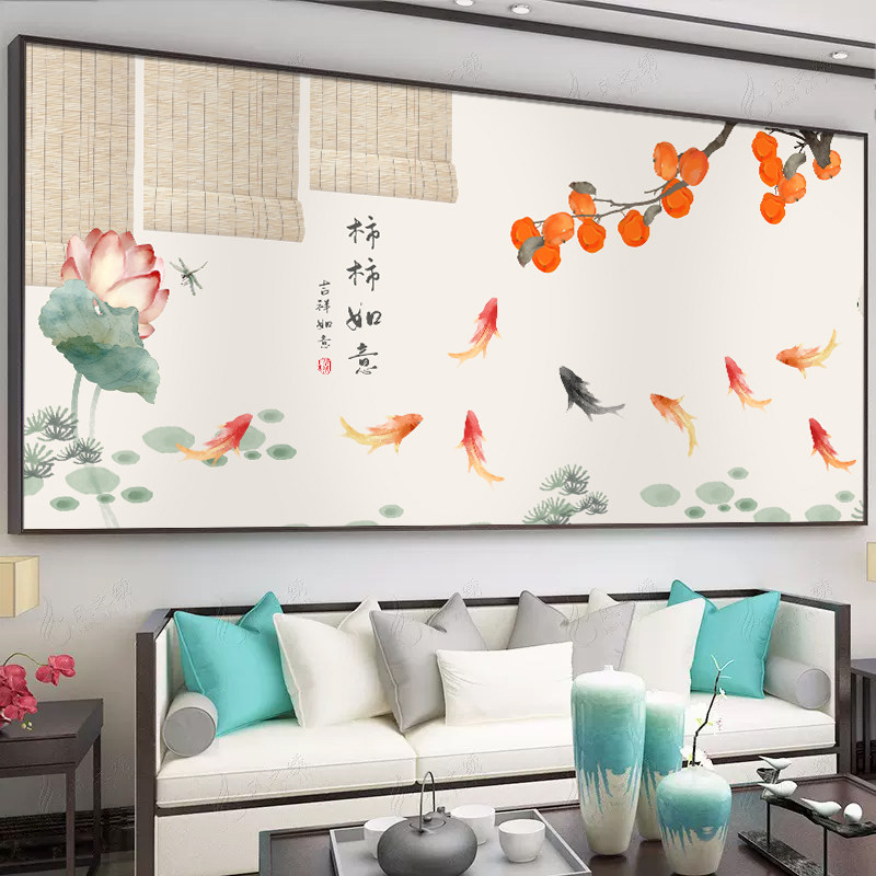 速发柿子画客厅装沙画新中式饰发背景墙柿画柿壁如意手绘油画挂画