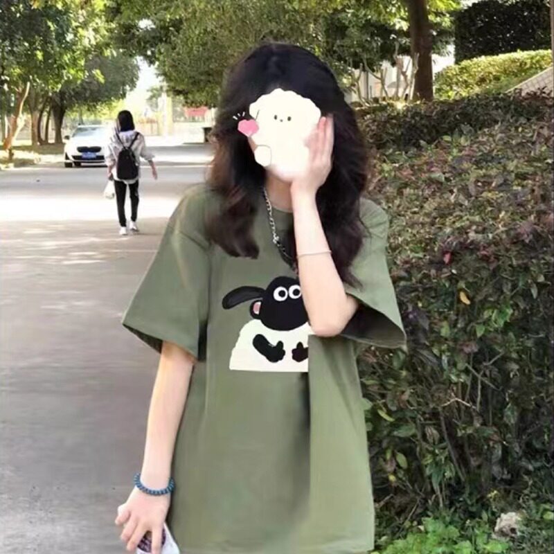 速发美绿复古式别致T恤夏季宽松百搭中长款上衣