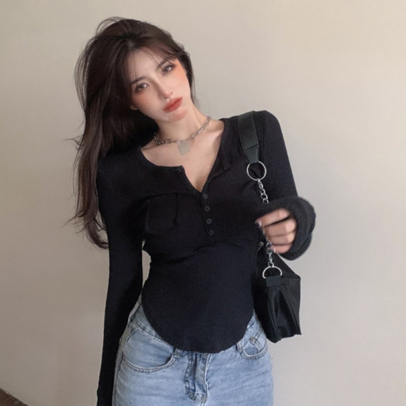 速发白色t恤计领长袖短款辣妹打衣早秋设v感小众上底衫内搭