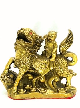 速发黄铜麒麟送子铜童麟坐男孩孩麒子送子招财金求玉摆件