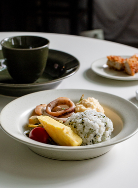 北欧风窑变陶土飞碟盘复古纯色家用菜盘子好看的绿色汤盘草帽盘