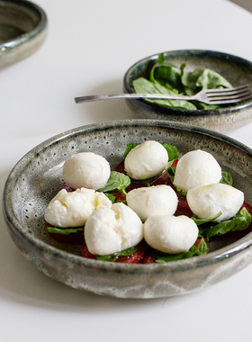 目外复古粗陶窑变圆盘家用装菜盘子创意灰绿色小碟子餐厅商用汤盘