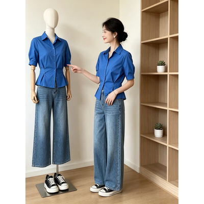 克莱因蓝色V领正肩短袖衬衫女夏