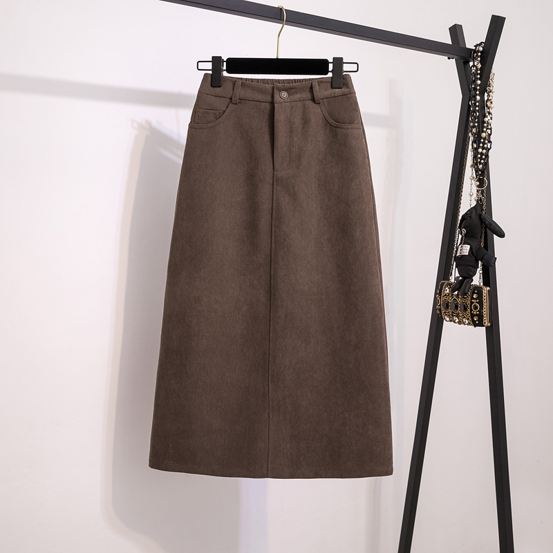 大码微胖mm咖色灯芯绒半身裙女秋冬高腰显瘦直筒裙中长款开叉裙子