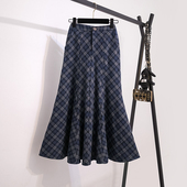 高级感蓝灰格子鱼尾半身裙女秋冬大码 胖mm高腰显瘦中长款 包臀长裙