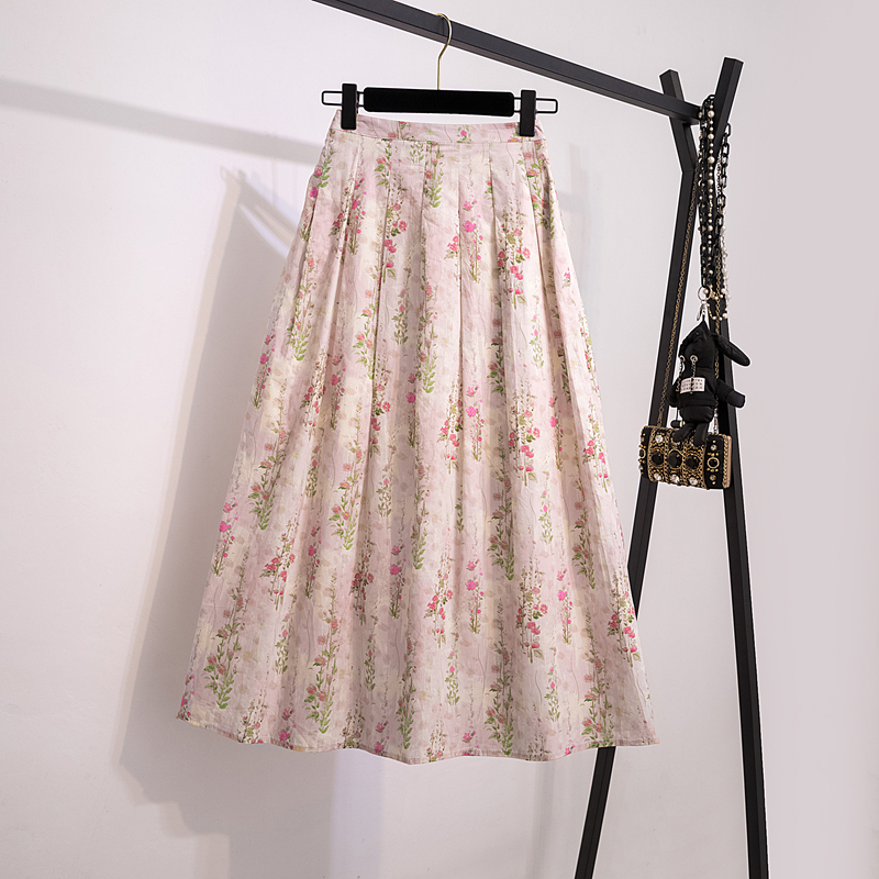 高级感粉色碎花百褶半身裙女秋冬大码胖mm高腰显瘦a字油画长裙子