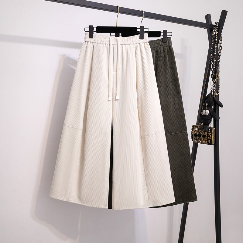 高级感白色灯芯绒裤子女秋冬大码胖mm显瘦松紧腰宽松加厚阔腿裤子