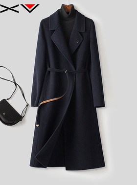 速发V黑色带面大衣中长版202新款系双气质外面呢双套潮