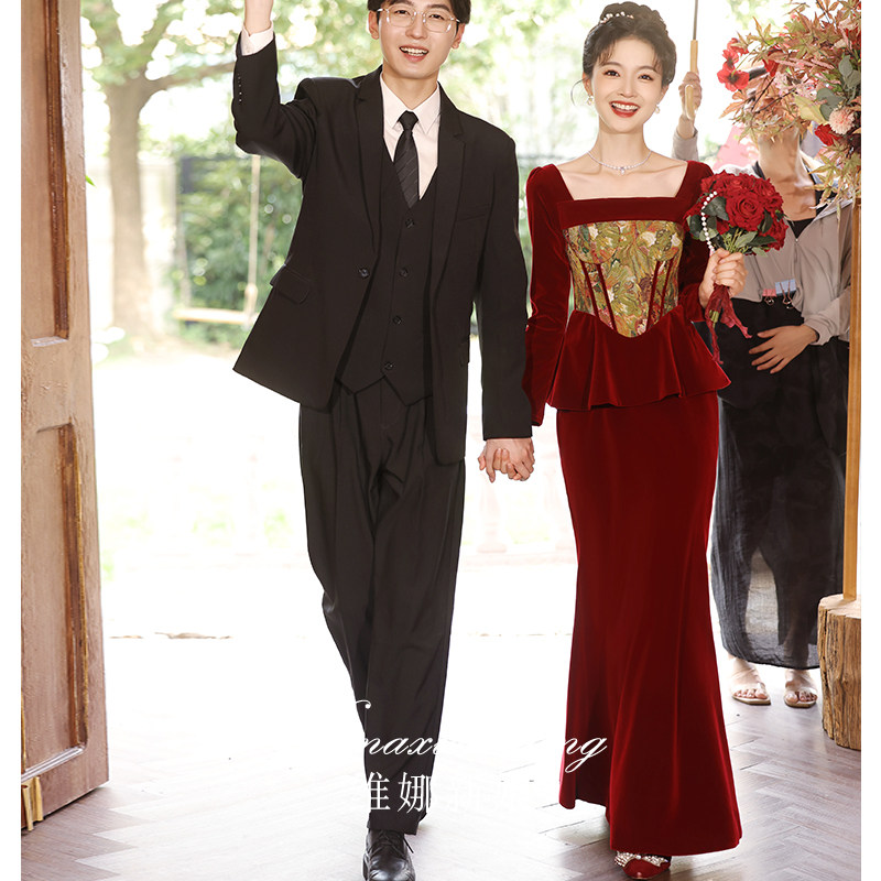 速发鱼尾敬酒服新娘高级感酒红色丝绒订款5礼服202晚新婚结婚回门