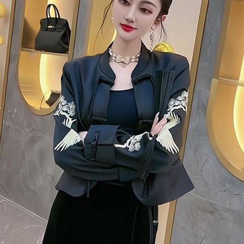 速发新中式外套搭冬季装短款外秋开衫中国扣刺绣复古唐装盘风上衣