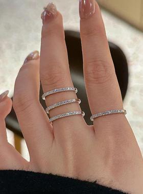 极简超细小钻莫桑石排戒银色满钻半圈叠带女戒指小众关节尾银戒指