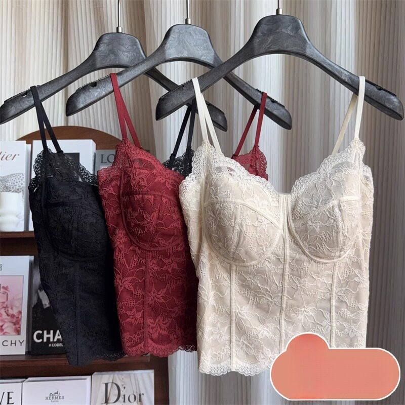 秋冬磨毛法式蕾丝纯欲吊带美背一体杯免穿文胸背心女修身显瘦6100