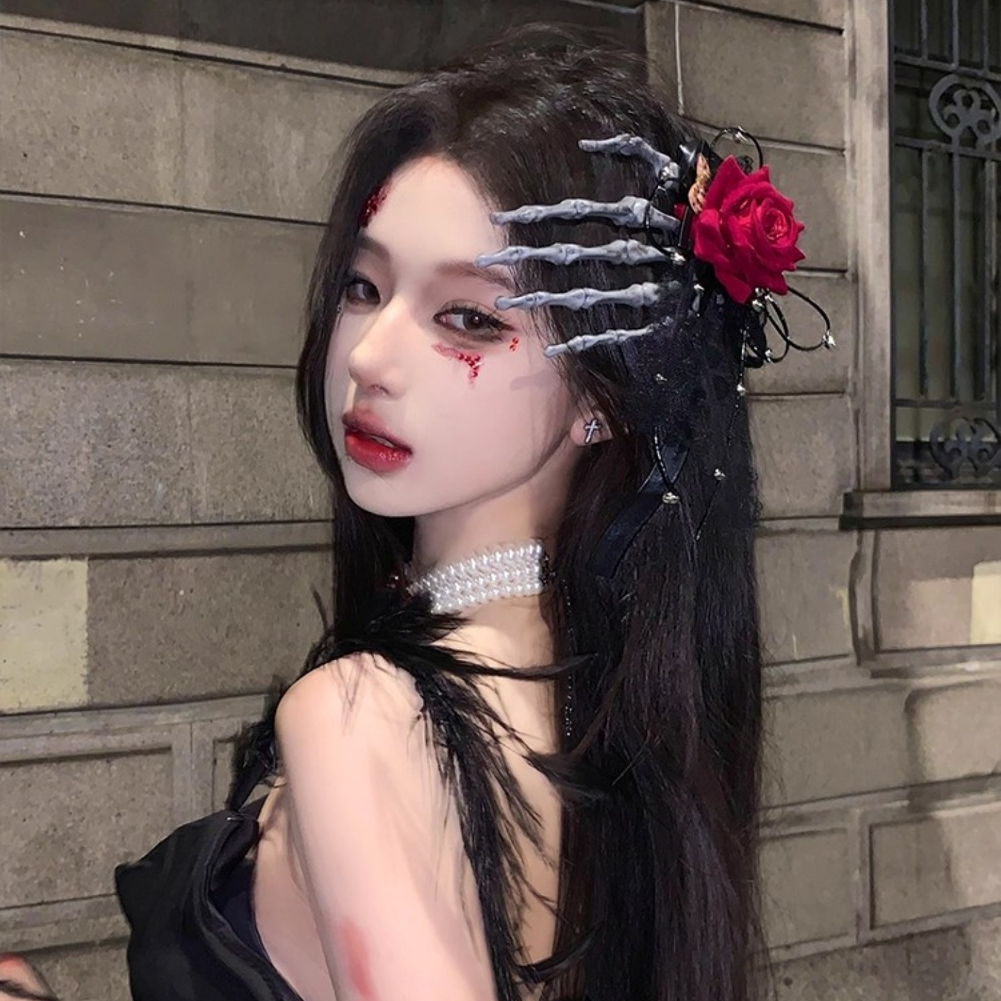万圣节骷髅手爪边夹头饰少女哥特手骨小众个性大鬼爪玫瑰暗黑发夹