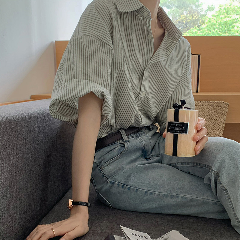 复古港风竖条纹衬衫女雪纺短袖夏季法式设计感小众高级感上衣休闲