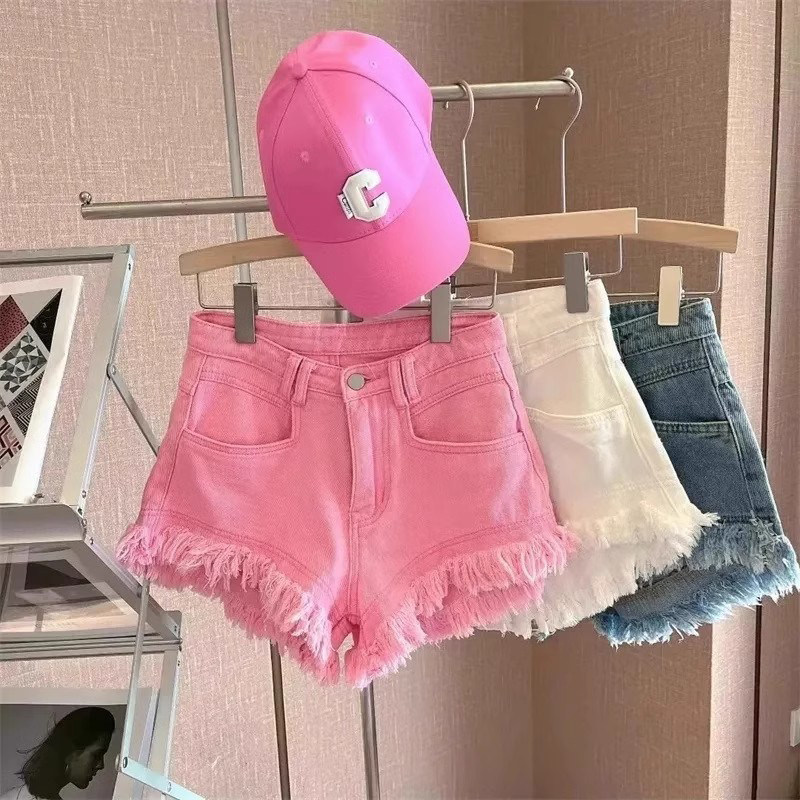韩版毛边流苏辣妹粉色牛仔短裤女夏宽松阔腿裤梨型身材小个子热裤