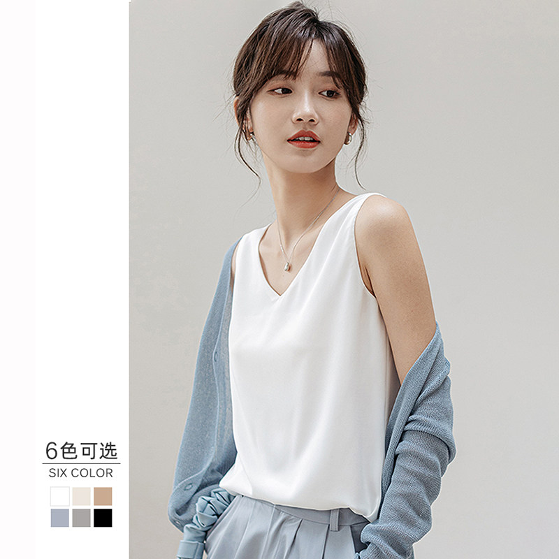 双层雪纺吊带背心女2025春夏v领宽松外穿内搭白色打底衫无袖上衣