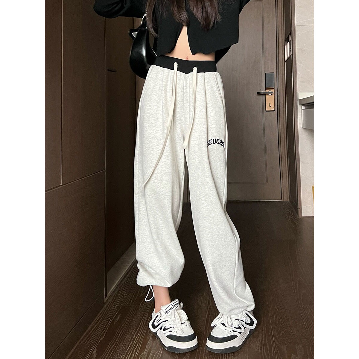 韩版夏灰色运动裤女高腰阔腿垂感直筒休闲宽松显瘦美式束脚卫裤秋