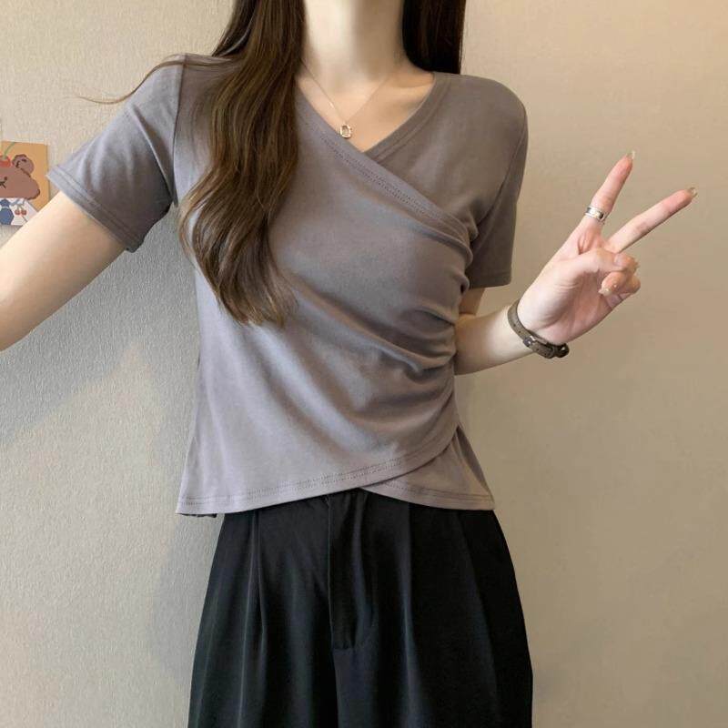 韩版t恤女短袖夏季正肩短款小衫显瘦不规则v领交叉时尚ins上衣潮