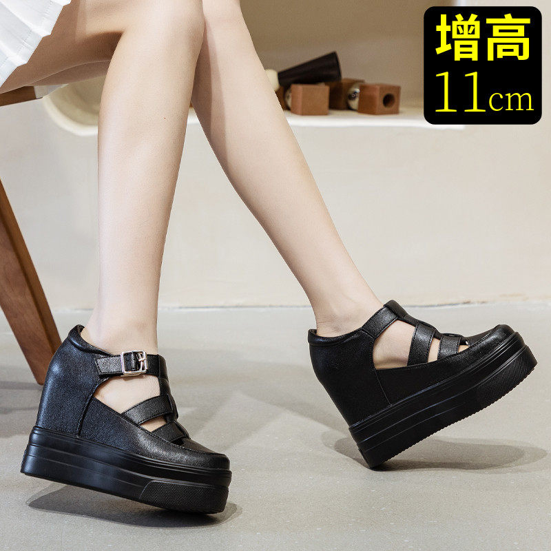 小个真皮凉鞋内增高11CM黑色包头猪笼鞋厚底超高跟女鞋2023夏季新