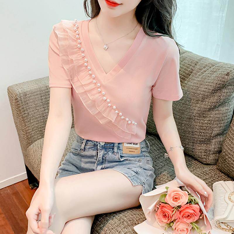 韩国荷叶边v领短袖t恤女夏装2024拼接钉珠洋气套头上衣服减龄体恤