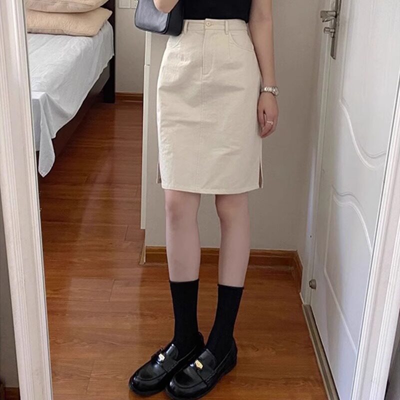 韩版法式高腰半身裙女夏2024新小个子白色牛仔裙短裙a字包臀裙子