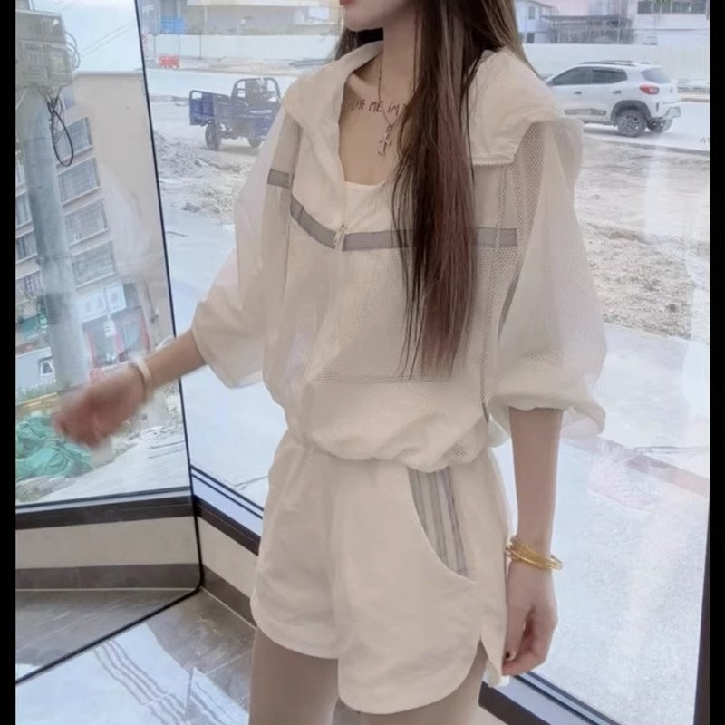 时尚洋气防晒衣套装女2025夏季爆款两件套盐系穿搭外套短裤两件套