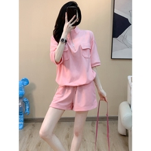 欧洲站粉色休闲运动套装女2025新款时尚洋气网红潮短袖短裤两件套