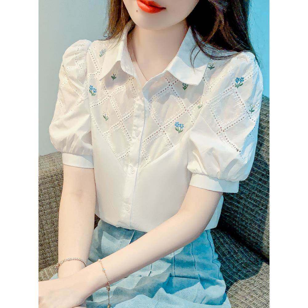 香港TIMO泡泡袖衬衫夏季设计感绣花拼接上衣洋气别致雪纺小衫女仙