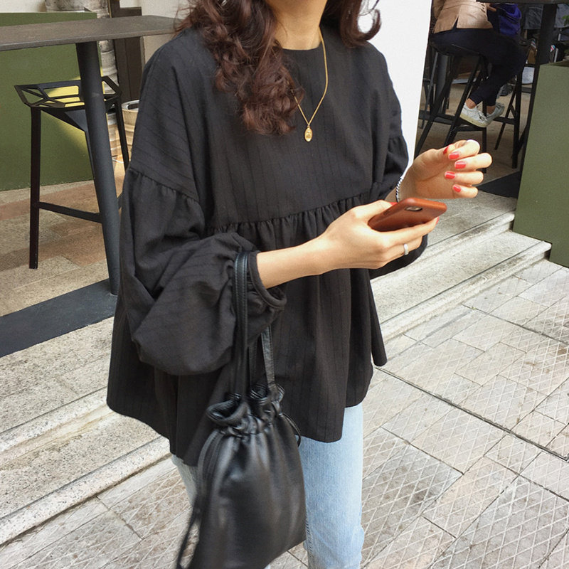 韩国2025春夏新款甜美黑色衬衫女灯笼袖韩版长袖娃娃衫女宽松大码