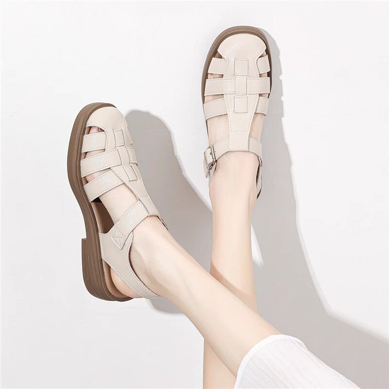 真皮厚底编织猪笼鞋女2025年夏季新款软底百搭不累脚包头罗马凉鞋