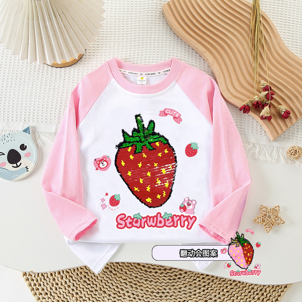 品牌清仓特价撤柜清仓女童纯棉长袖T恤打底衫亮片草莓体恤上衣服