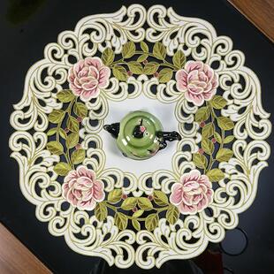 饰欧式 国潮手工刺绣布艺牡丹装 田园简约创意小圆桌布盘垫圆桌盖巾